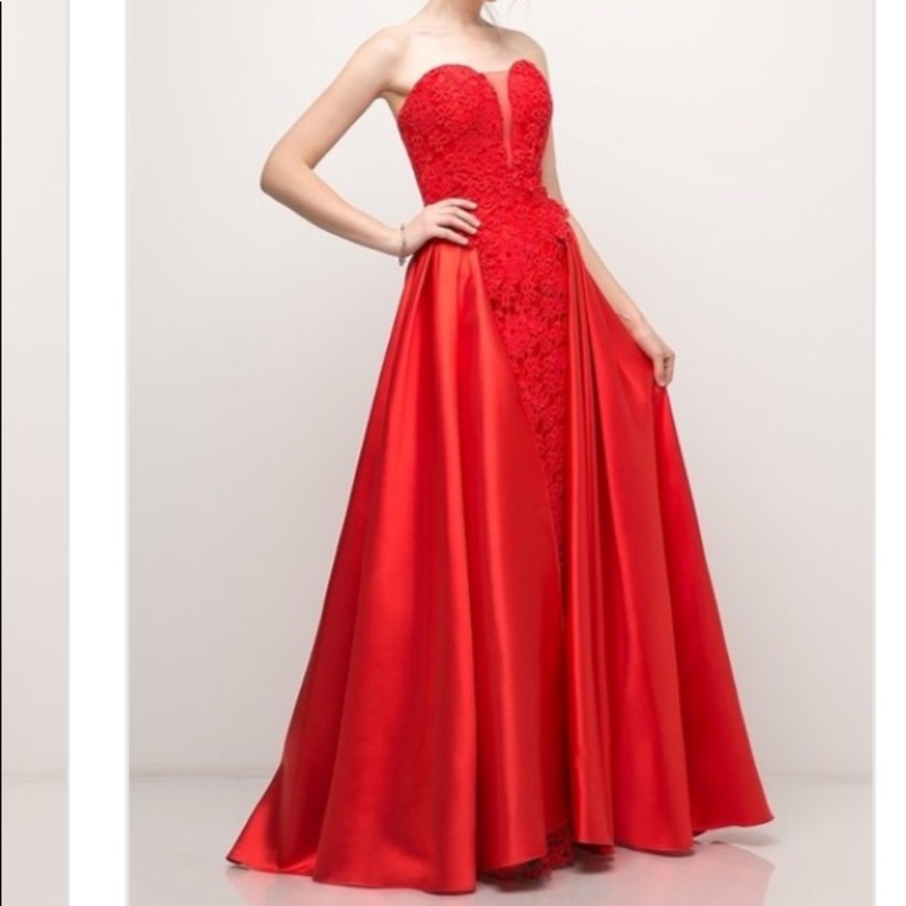 Strapless Red Lace Gown with Mikado Overlay